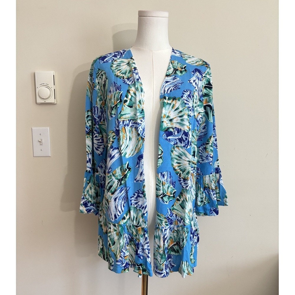 Chicos 1 Medium Tropical Seashell Cardigan Flare Sleeve Preppy Coastal